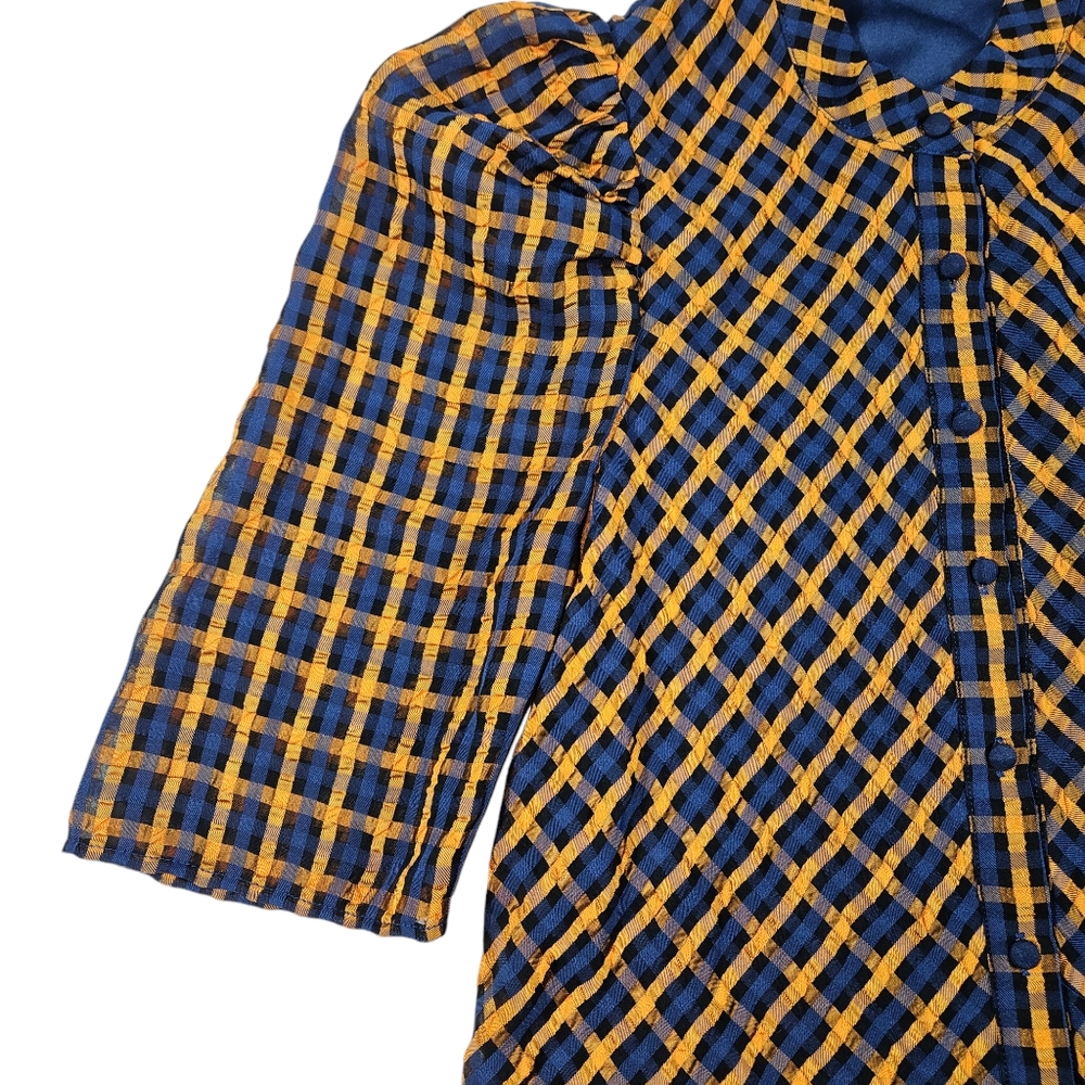 Eva Franco Anthropologie Textured Blue Yellow Plaid Blouse Size 2 Puff Sleeves - Picture 8 of 16